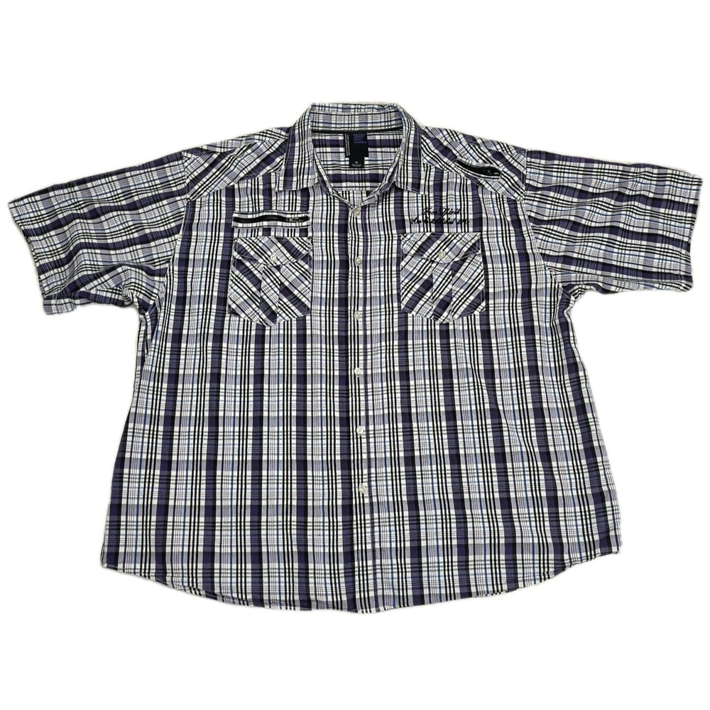 Koman Jeans Mens 4X Short Sleeve Plaid Button Up Shirt Purple Black Cotton 4XL